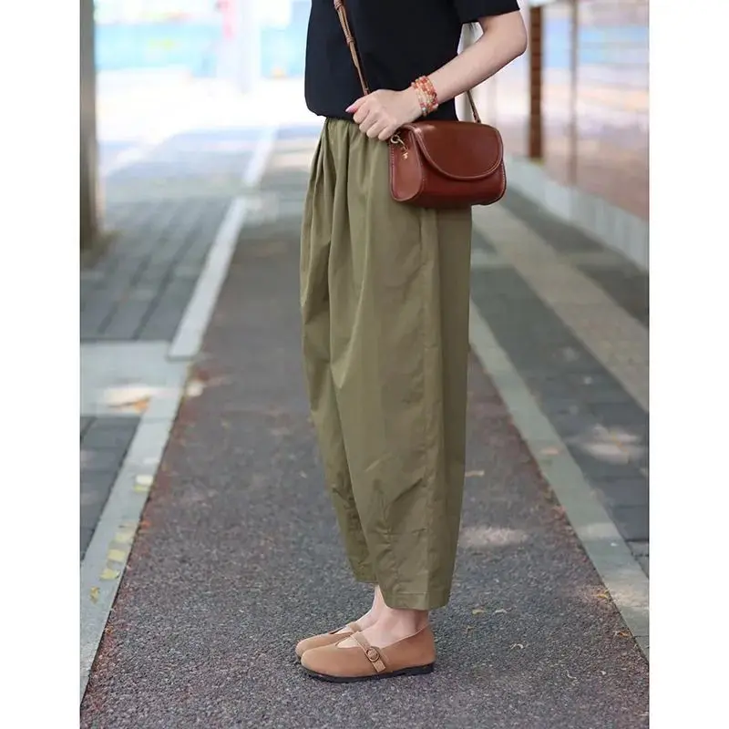 2023 Summer Korean Edition Fashion Simple Commuting Loose Casual Elastic Waist Pocket Solid Color Straight Oversize Haren Pants