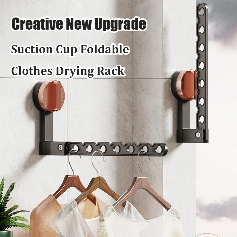 Wall Mounted Suction Cup Folding Clothes Drying Rack With Hanging Rod Home Bathroom Balcony Laundry Shelf Retractable Organizer