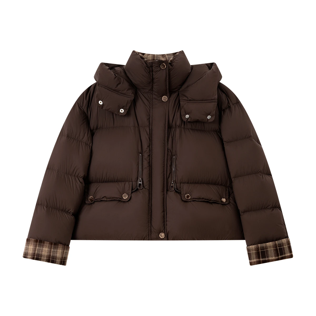 VIMLY المرأة سترة شتوية عادية براون تقسم منقوشة قصيرة مقنعين معاطف مكتب سيدة زمم جيب الإناث أبلى 50859