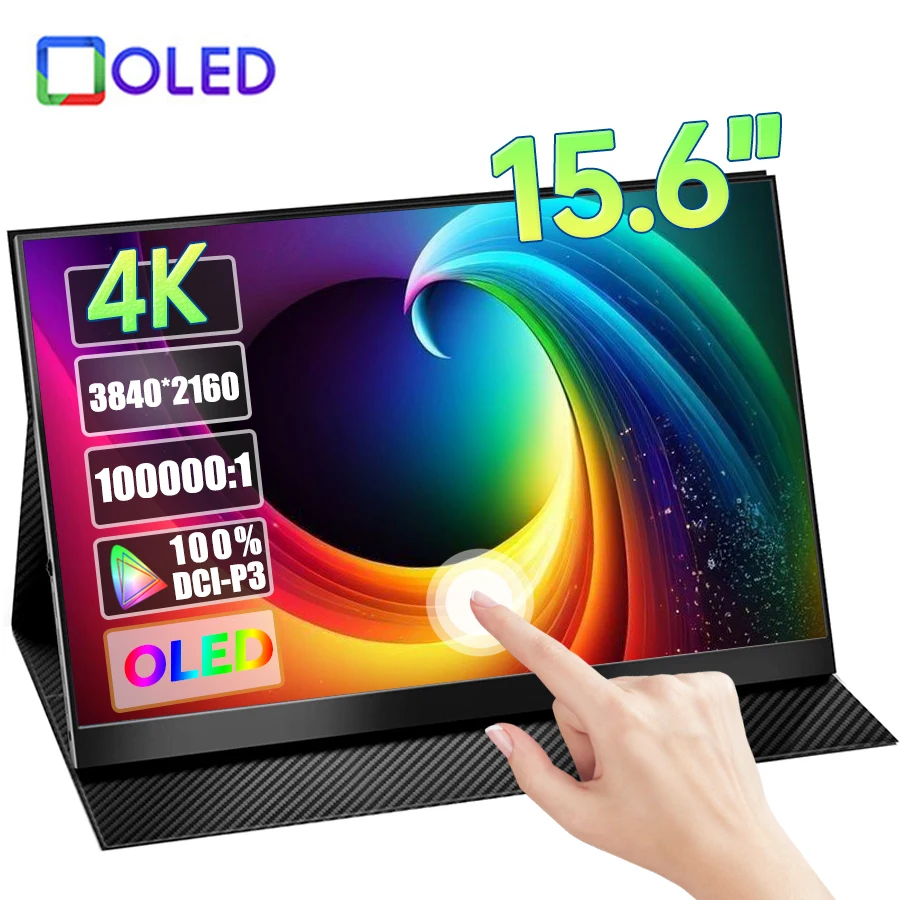 15,6-дюймовый портативный монитор с сенсорным экраном 4K AMOLED 3840*2160P 400Nit HDR 100000 :1 Игровой дисплей 1MS для ПК, ноутбука, телефона, PS5, Xbox