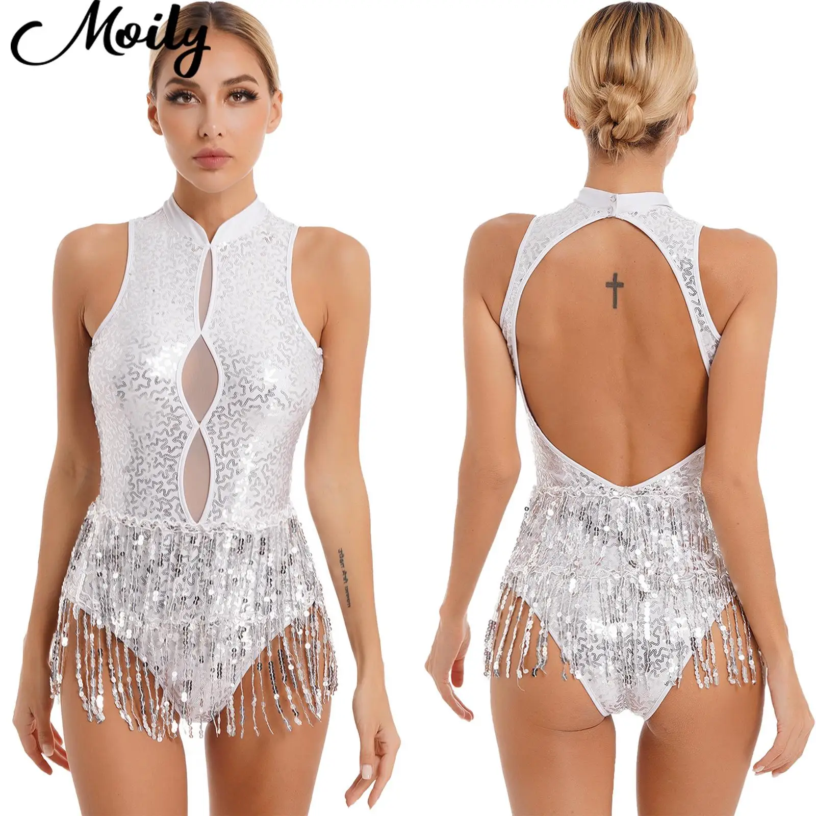

Women Sexy Backless Latin Dance Tutu Dress Female Sequin Tassel Leotard Fringed Bodysuit Jazz Cha-cha Dacing Performance Costume
