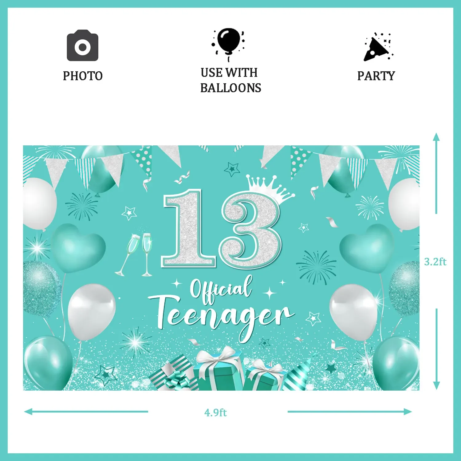 Birthday Party Decorations for Girls, Official Backdrop Banner, Photo Props, Background Supplies, Teal 13th Birthday, 13