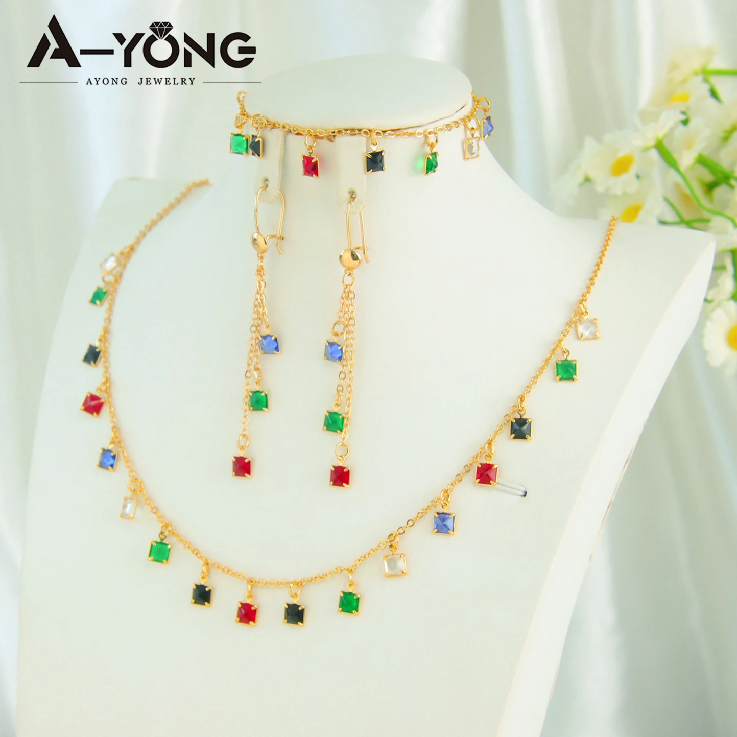 

Italian Cubic Zirconia Tassel Jewelry Set 21k Gold Plated Nigeria Geometric Necklace Bracelet Earrings Dubai Women Daily Jewelry