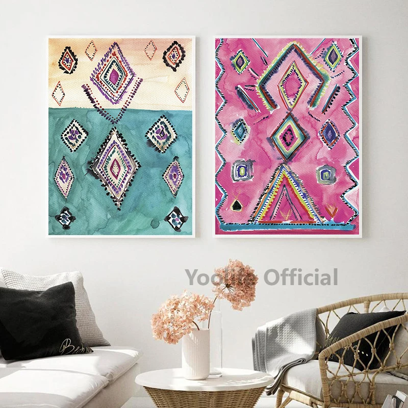 Vintage Pink Rug Art Prints Boho Wall Decor Eclectic Poster , Ancient Gate Morocco Door Art Canvas Painting Artwork Pictures