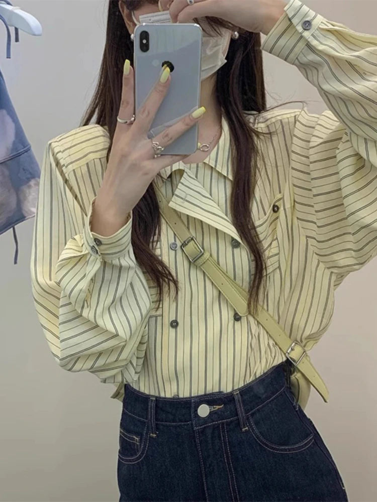 

Korean Fashion Blouses Striped Double-breasted Pockets Patchwork Shirts Spring Autumn Design Elegant Tops 2025 Women's Clothing