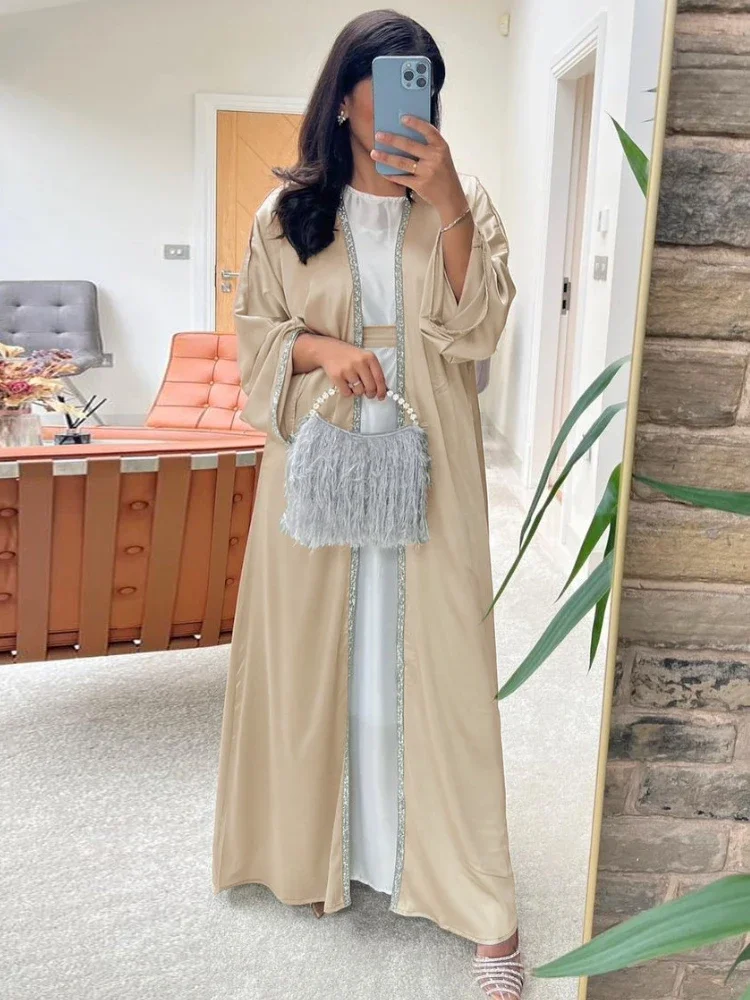 Abaya Kimono de satén para mujer, vestido musulmán abierto con diamantes, ropa de exterior de Dubái y Turquía, ropa modesto islámica, caftán femenino