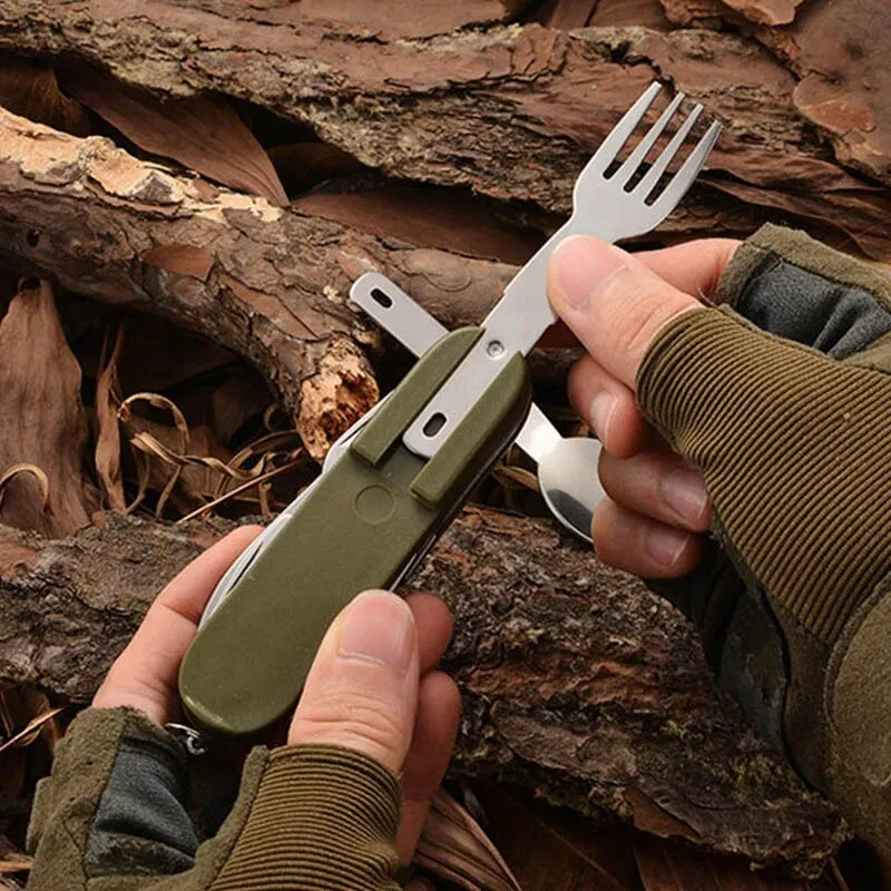 7 In 1 Multifunctional Outdoor Tableware Stainless Steel Foldable Fork Spoon Knife Picnic Camping Hiking Travelling Dinnerware