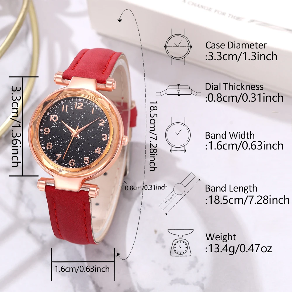 6PCS/Set Red Women\'s Watch With Minimalist Elements Dial Quartz Watch Latex Strap Cherry Elements Jewelry Set Girl\'s Gift