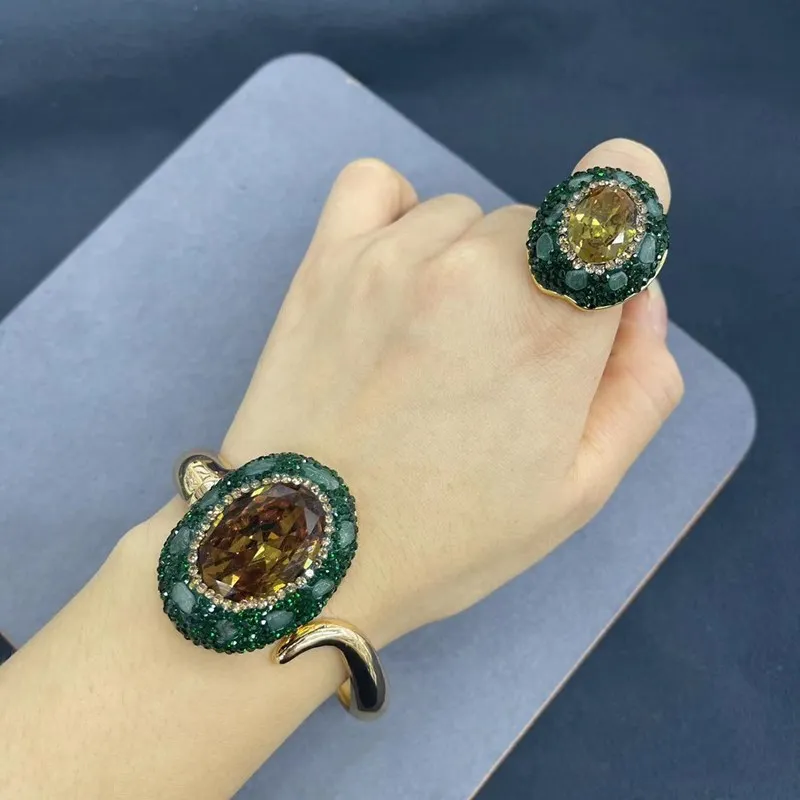 one set green jade baroqie and zircon green RING/bracelet/pendant necklace earrings