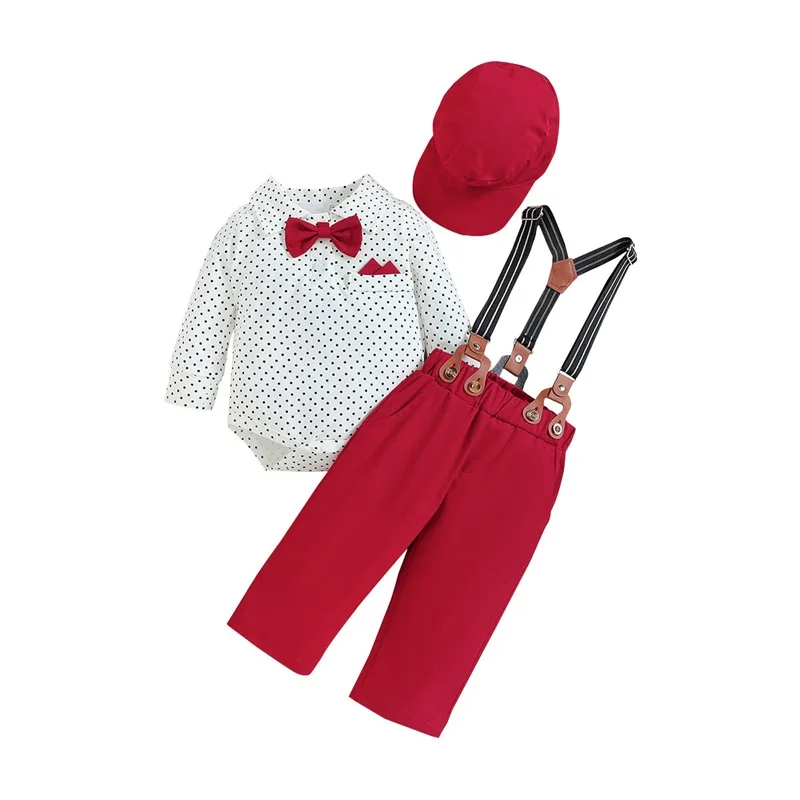 

Baby Boy Christmas Outfit, Long Sleeve Dots Printed Bow Tie Romper with Overall Pants and Hat Infant Outfit