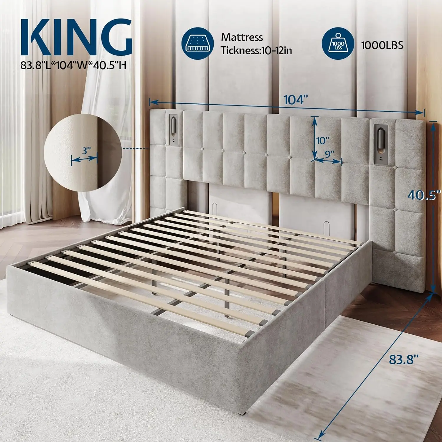 Jocisland King Size Upholstered Bed Frame With Widened Headboard,Lift-Up Storage Bed And Built-In Reading Light, Velvet