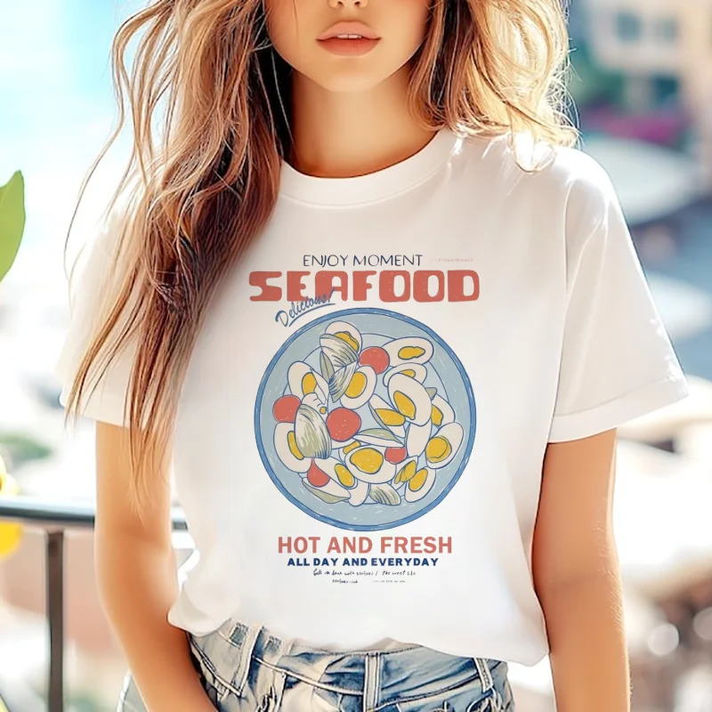 California Sweet Life Seafood Club Pattern Printed Top Women's T-Shirt Round Neck Resort Beach Style Women's Short Sleeve T-Shir