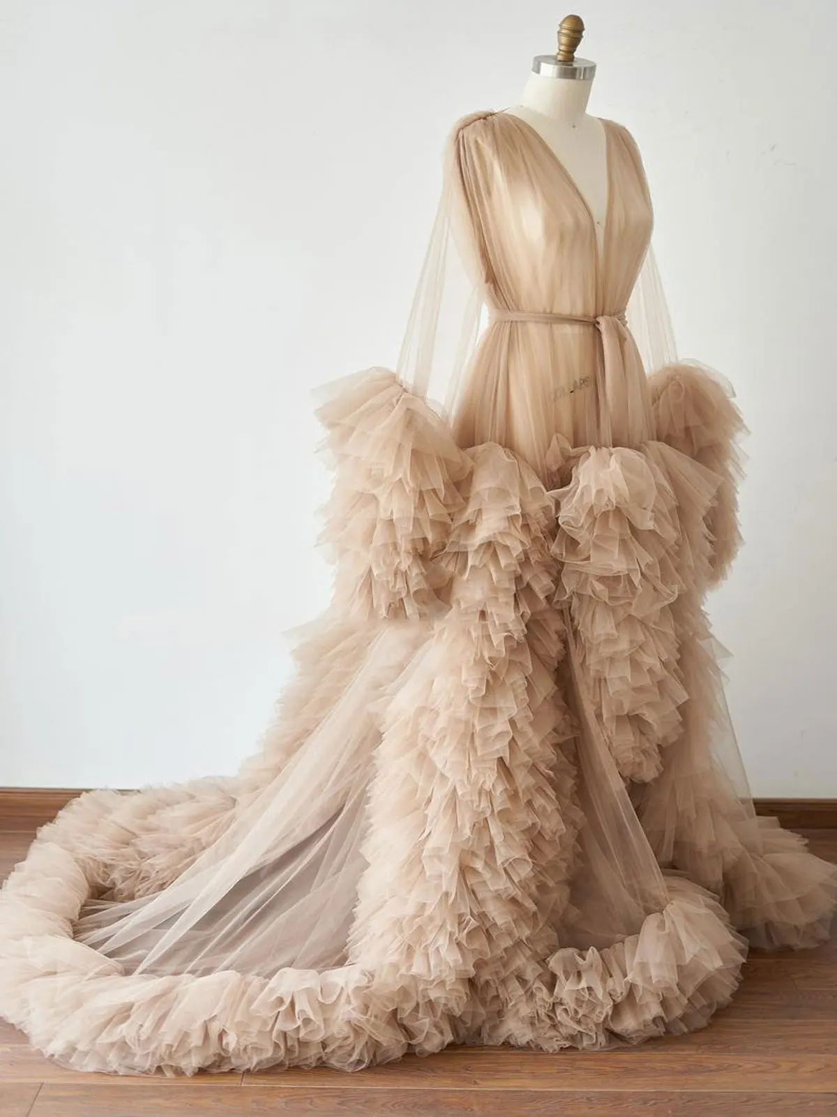 Unique Mother\'s Dresses Long Sleeves Tulle Maternity Robes Photoshoot Prom Gowns Fluffy Tiered Tulle Robe Formal Party Dress