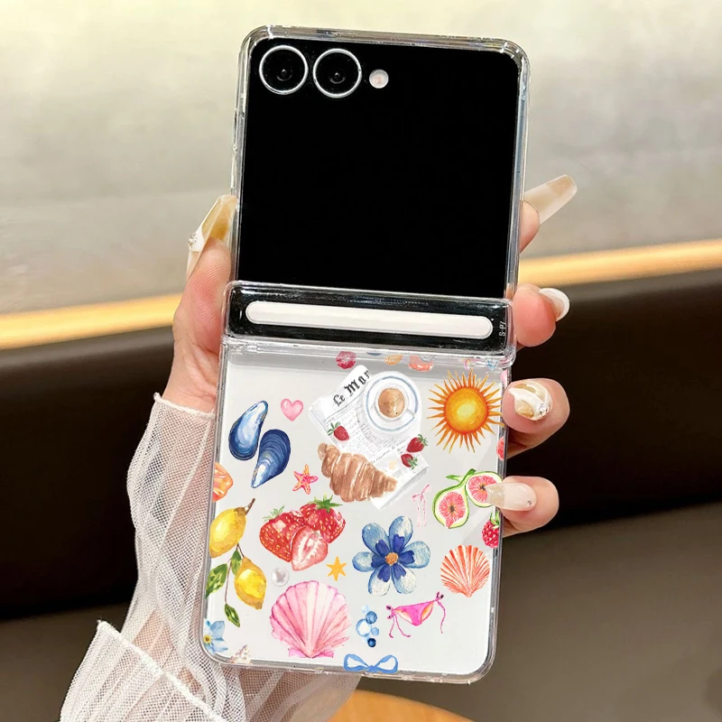 Magnetic Adsorption Clear Phone Case For Samsung Galaxy Z Flip7 Flip6 Flip5 Flip 7 FE 6 5 Conch Flower Print Folding Hard Cover
