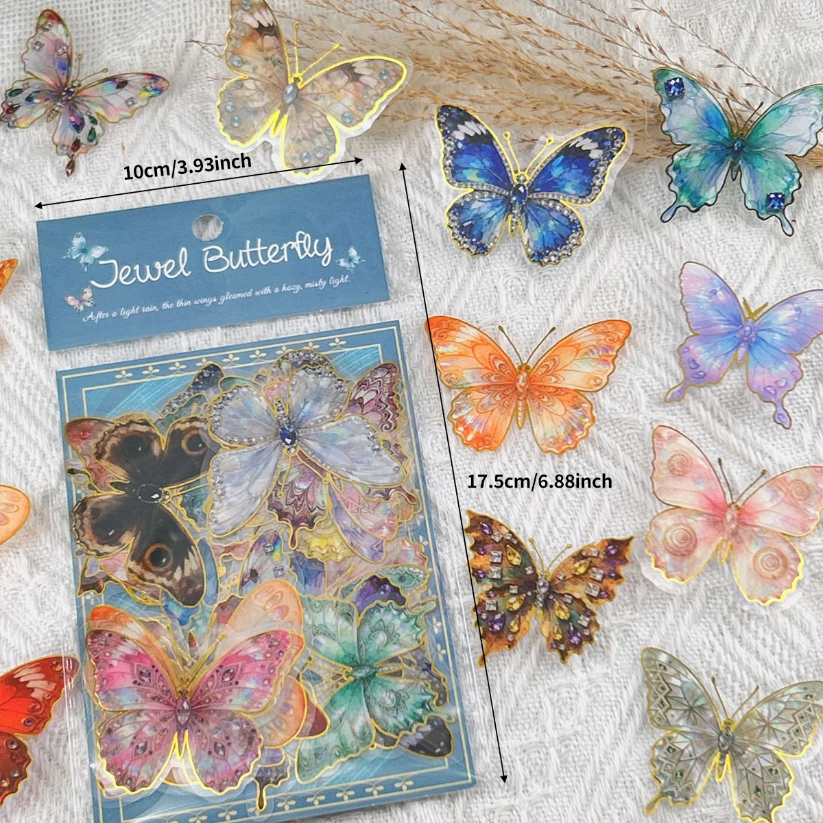 50 Pieces of Dreamy Gold Butterfly Stickers, Transparent Pet Material, Gradient Watercolor Texture, DIY Journal Decoration Materials, Dazzling Gold Foil Butterfly Stickers, Vintage Luxurious Style, Colorful Gemstone Texture Patterns, Journal Decoration Stickers