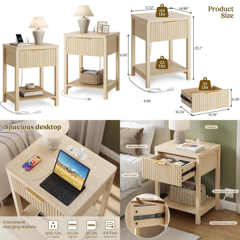 

Современная рифленая тумбочка с зарядной станцией, ящиком для хранения, деревянной прикроватной тумбочкой для спальни