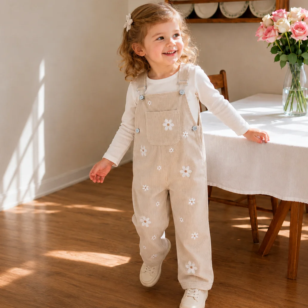 Spring Autumn Baby Girls Corduroy Overalls Adjustable Strap Daisy Embroidery Cuffed Casual Cute Kids Long Pants
