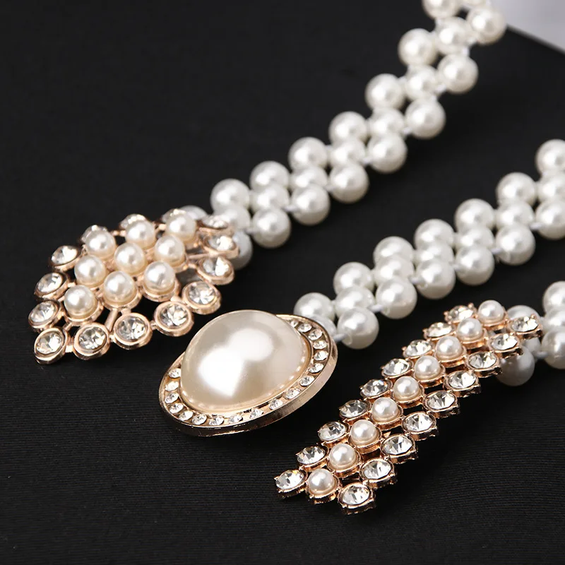 

Fashionable Sweet Dress Elastic Belt Women's Pearl Waist Chain Korean Style Rhinestone Pearl Decorative Belt