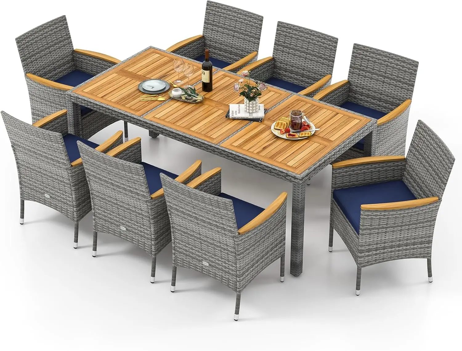 

9 Pieces Rattan Outdoor Dining Set for 8,Outdoor Acacia Wood Table Set with 8 Cushioned Wicker Chairs,Patio Dining Furniture Set