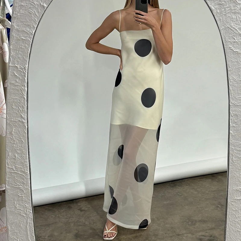 Robe longue à pois pour femme, bretelles spaghetti, maille transparente, robe longue sexy sans manches, dos nu, robes d'été élégantes pour femmes