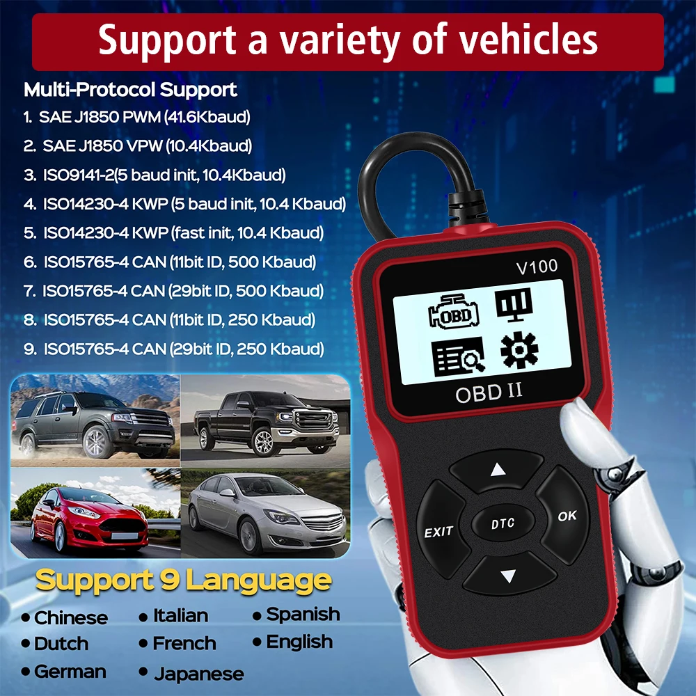 ユニバーサルOBD2スキャナー 車両診断ツール V100 OBD2コードリーダー 16ピンデジタルディスプレイ