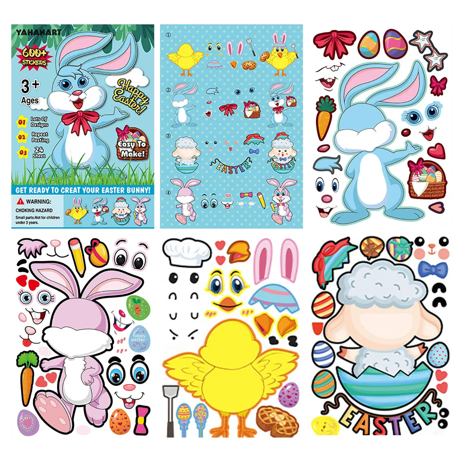 

24 Sheets DIY Easter Stickers Make Your Own Bunny Chick Lamb Stickers Decals for Toddlers Party Favor Games Decoration Supplies