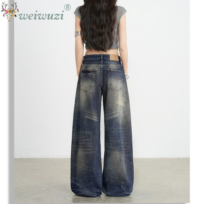 Retro Low Women Waist Curved Wide Leg Denim Trousers Antique Wash with Whisker Design Featuring Drape Daily Street Texture Jeans