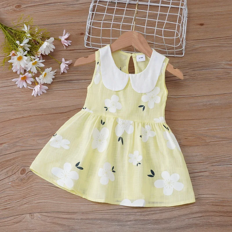 2024 Summer Baby Girls Korean Version Style Sleeveless Peter Pan Collar Sundress Children Cotton Linen Princess Dress 0-6Years