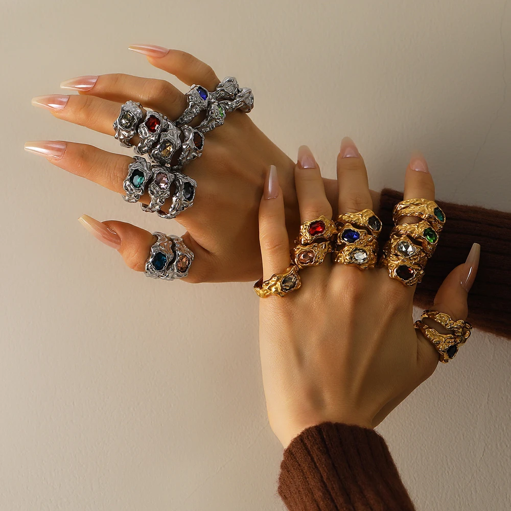 Lava-Textur-Ring für Frauen Edelstahl Zerknitterter Edelstein Hip-Hop Streetwear Schmuck Geschenk für Frauen – Detail 7