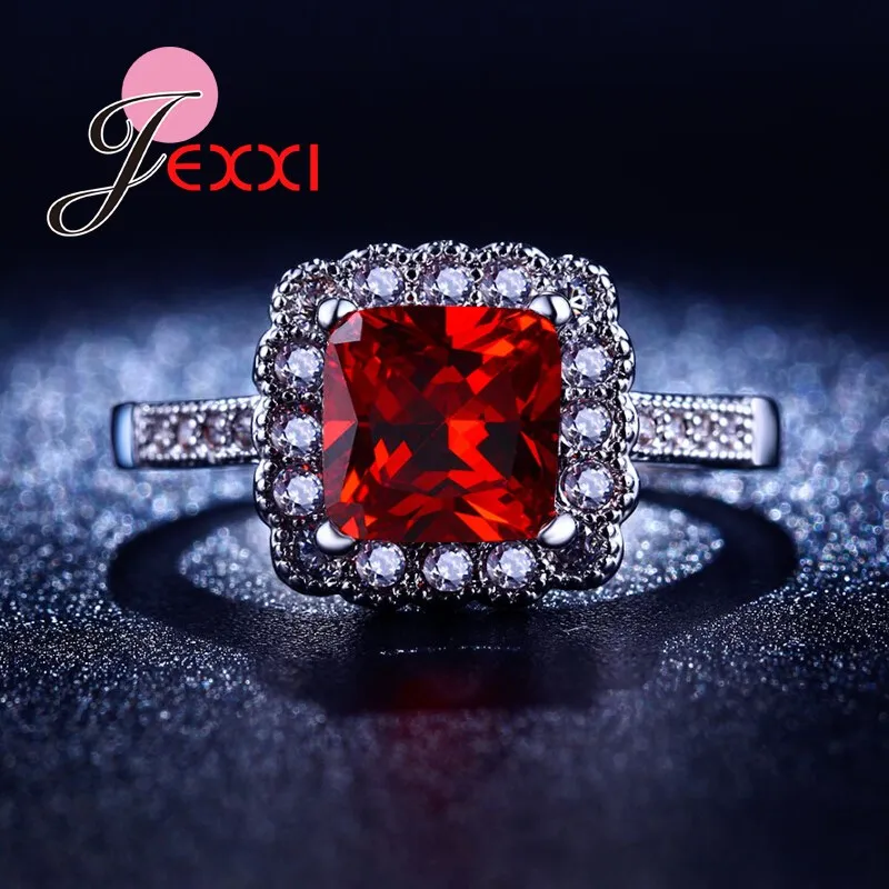 Beautiful Red Crystal Square Cut Austrian Style Ring Fashion Silver Jewelry Women Propose Engagement Rings Wholesale