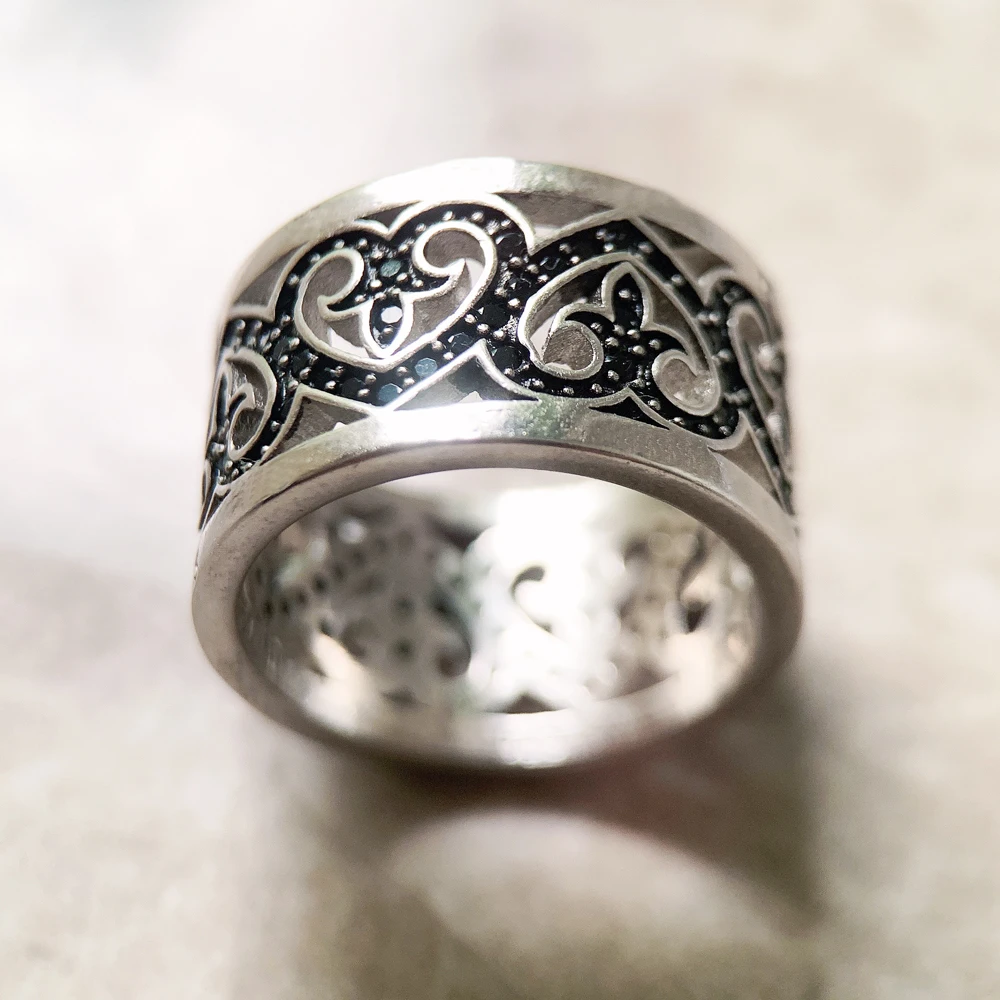Black Arabesque Hearts Band Ring Europe Style New Fashion Jewerly Gift In 925 Sterling Silver For Women
