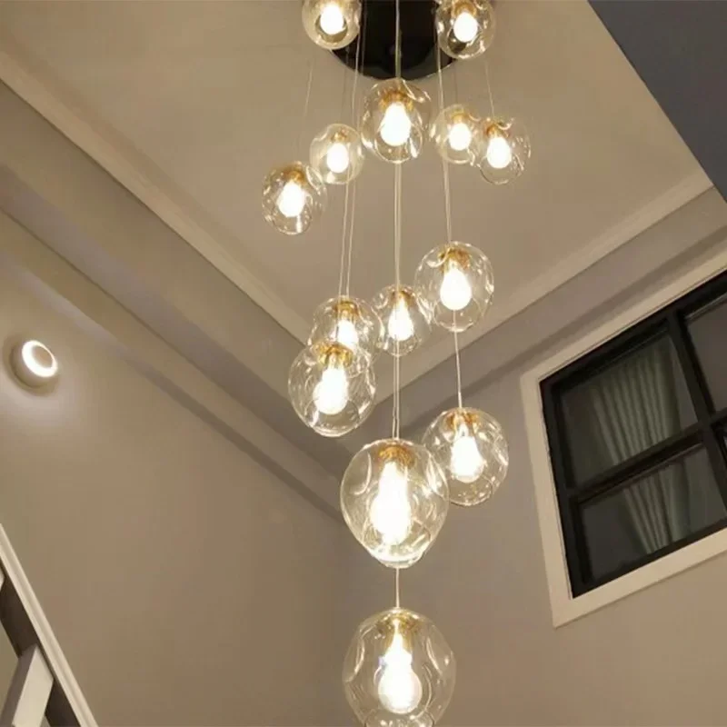 Modern Minimalist Creative Duplex Villa Rotating Stairwell Chandelier Nordic Staircase LED Chandelier Glass Ball Long Chandelier