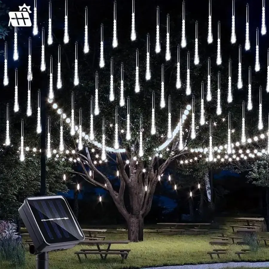 1pc Solar 30cm Meteor Rain String Lights Meteor Shower 8 Tubes 192LEDs,Waterproof Falling Raindrop Fairy Lights