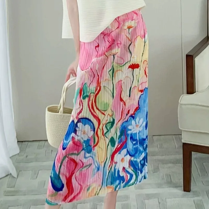 Miyake Pleated Skirt Plisse Women 2026 Summer High Waist Slim Elastic Waist Printed Slit Mid-Length Design Loose Straight Skirt