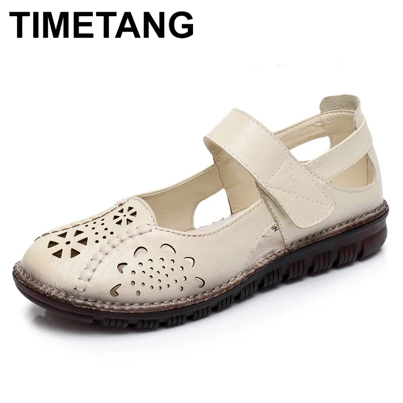 TIMETANG  Summer Shoes Woman Genuine Leather Soft Outsole Closed Toe Sandals Casual Flat Women Shoes New Fashion Women Sandals