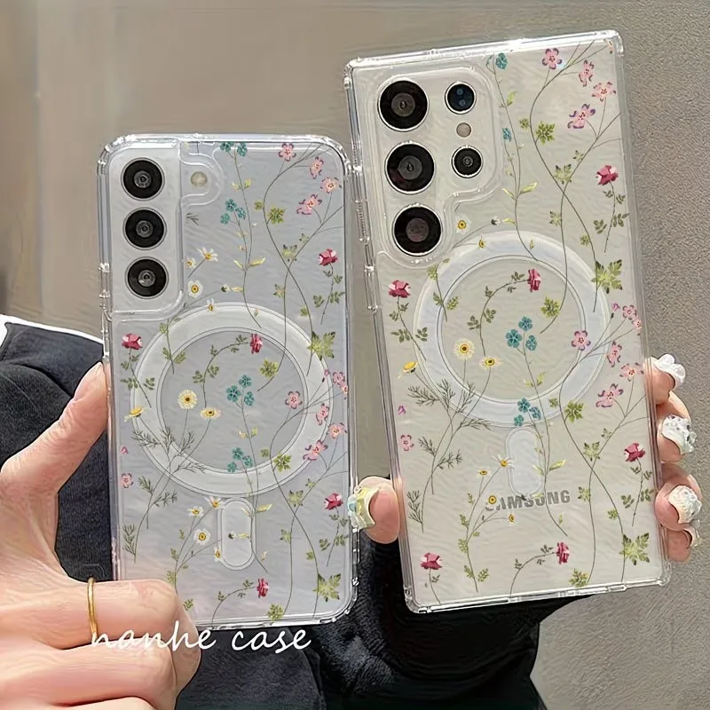 Floral Pattern Magnetic Phone Case For Samsung Galaxy S26 S25 S24 S23 S22 S21 S20 Ultra Plus Compatible Wireless Charging Cove