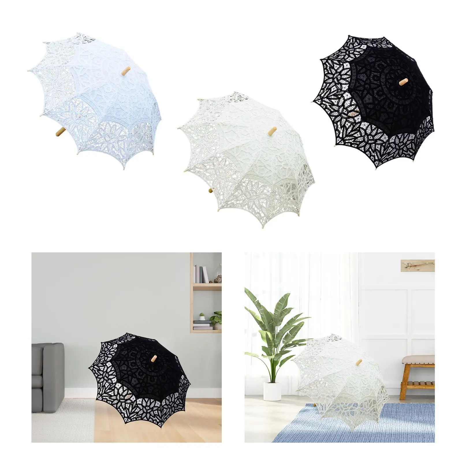 Lace Parasol Decorative Handmade Stick Umbrella for Tea Party, Stage Performance