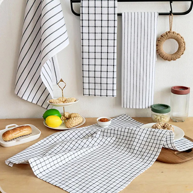 50x70cm White Black Plaid Striped Cotton Tea Towel Kitchen Dinner Table Napkin Cleaning Cloth New Year Party Gift Home Decor