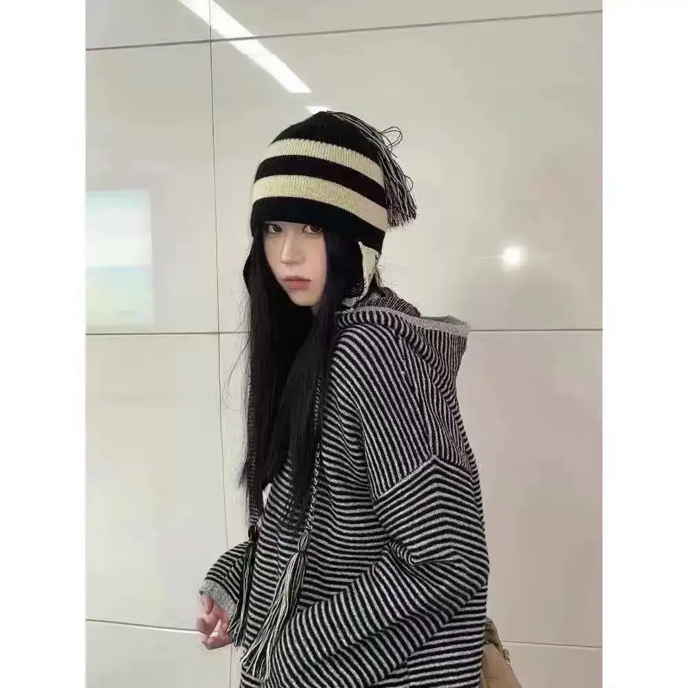 Anime NANA Hat Stripe Tassel Ear Protection Woolen Lei Feng Hat Warm Knitted Flying Hat Trendy Accessories Cosplay Fans Gifts view 5