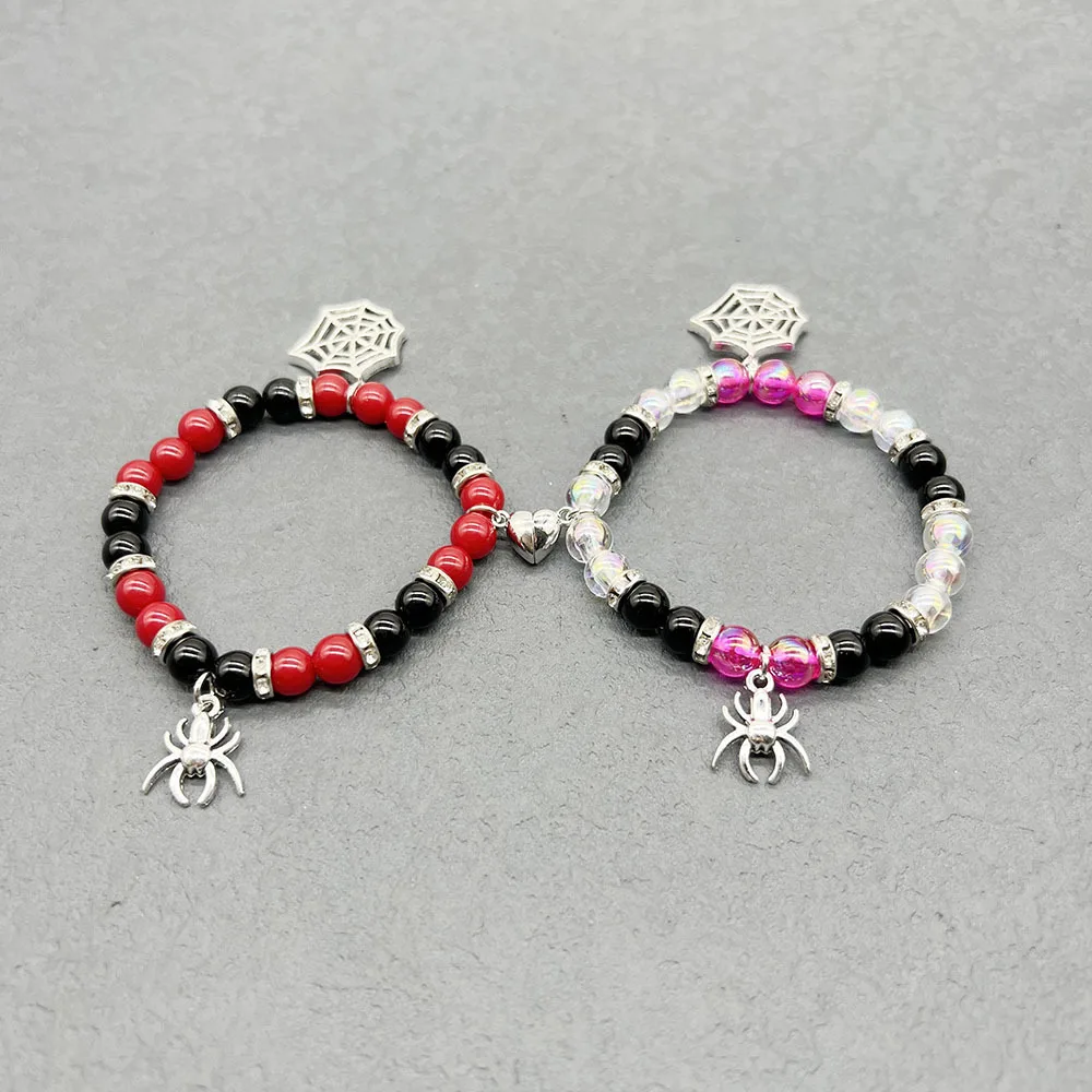 Pulseira de amizade correspondente de aranha para casais, pulseiras com pingente de aranha, pulseiras magnéticas de amizade para 2 pulseiras de Halloween