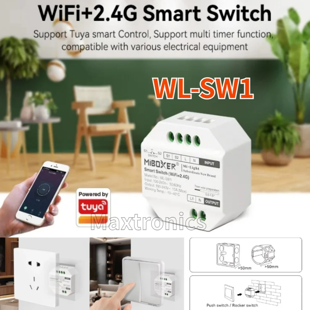 

MiBoxer Smart Switch (WiFi+2.4G) LED Controller WL-SW1 RF Push Dimmer AC100-240V Tuya App /Voice /Remote Control/Timmer Function