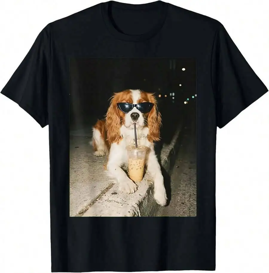 Cavalier King Charles Spaniel Drinking Iced Coffee Dog Lover T-Shirt 100% Cotton Trendy Y2K Short-Sleeve Tee-Soft, Quick-Drying,