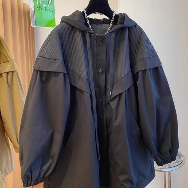 2024 New Pleated Splicing Hooded Trench Coat Jacket Thin Khaki Shirt  Women Windbreaker with Hood Ladies Spring Coat oversized