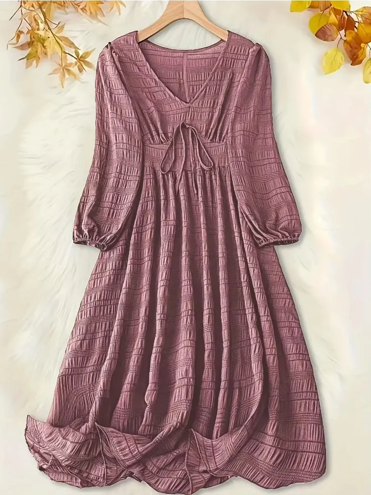 

Plus Size 1XL-5XL Women's Comfortable and Fashionable Dress Textured Lantern Sleeves and V-Neck Front Tie Mid-Length Dress