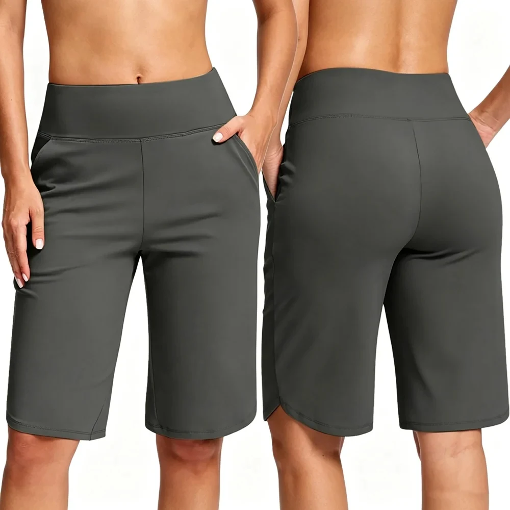 Shorts de course athlétiques, pantalons de yoga fitness, longueur cinq-quarts, coupe droite, couleur unie, avec poches, élastiques, pour l'entraînement et la gym
