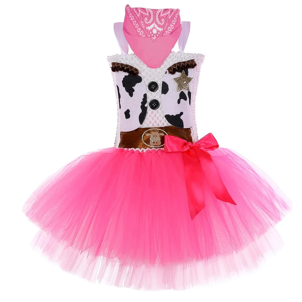 2025 disfraz de Halloween de vaquera rosa para niñas, bata de princesa tutú de fiesta de cumpleaños, tenue de vaquero de vache