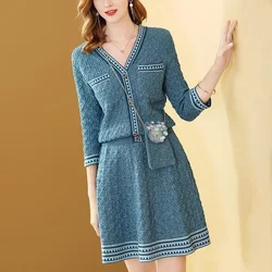 Blue Crochet Dresses for Women V Neck Clothing Casual Woman Knitted Dress Youth New Features of Hot on Sales Spring Autumn 2025