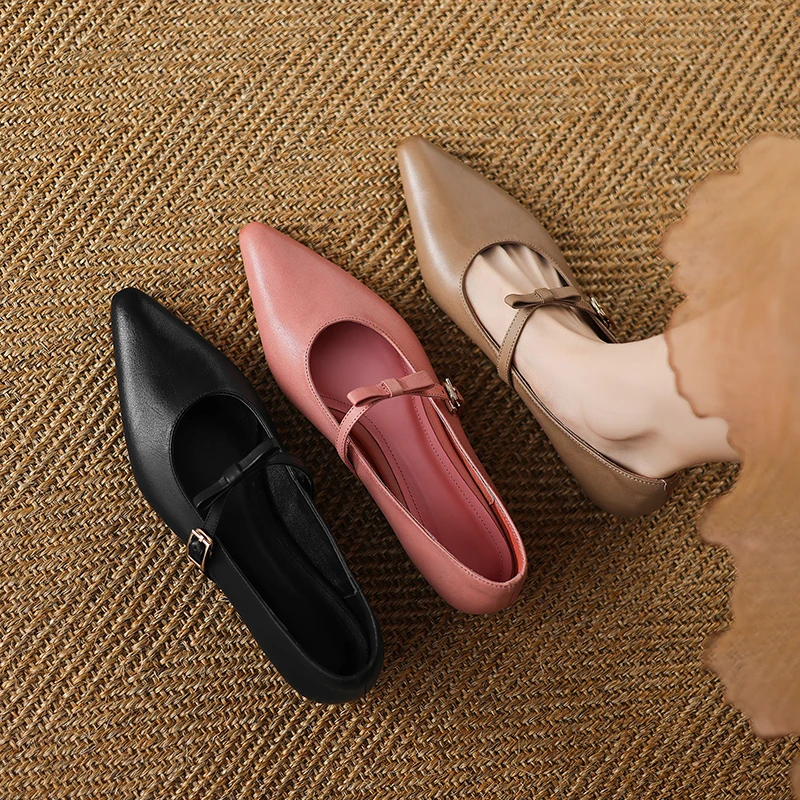 2026 new spring summer women pumps natural leather 22-25cm cowhide+pigskin+sheepskin pointed toe buckle mary janes women shoes