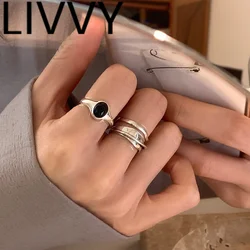 LIVVY Silver Color Irregular Geometric Wide Rings For Women Fashion Vintage Punk Black Zircon Party Jewelry Accessories