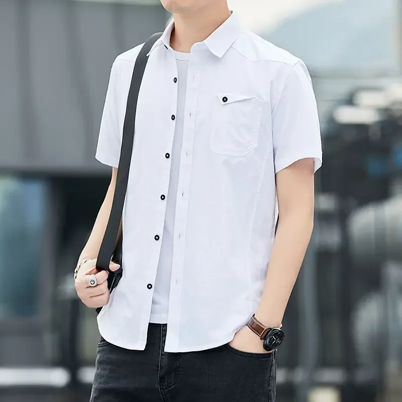 

Plain Short Sleeve White With Pocket Male Shirts Original Sleeves Cheap Brand High Quality Luxury Designer Slim Fit Men's Shirt